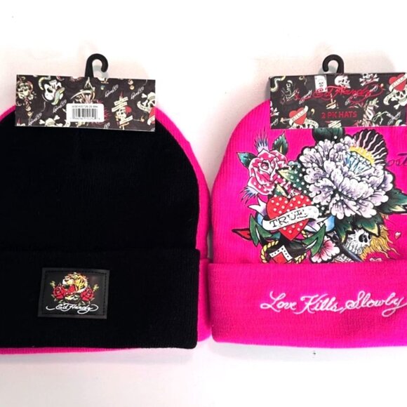 Ed Hardy 2-Pack Beanie Hats "Love Kills Slowly" Rhinestone Black & Pink Unisex - Picture 6 of 7